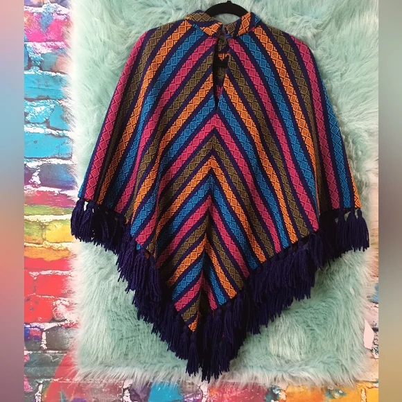 Multicolor striped one size fits most Fringe poncho. - Picture 6 of 11